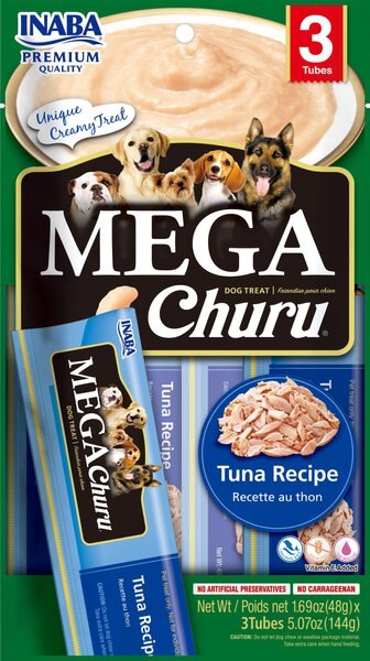 Inaba Dog Mega Churu Chicken and Tuna Flavored Grain-Free Lickable Dog Treats， 1.69-oz， 3 count