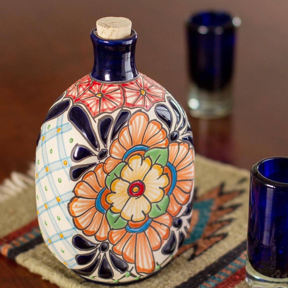 NOVICA Artisan Handblown Ceramic Tequila Decanter Oval Floral Motif Talavera Style Orange Mexico Tableware 'Garden Festivities'