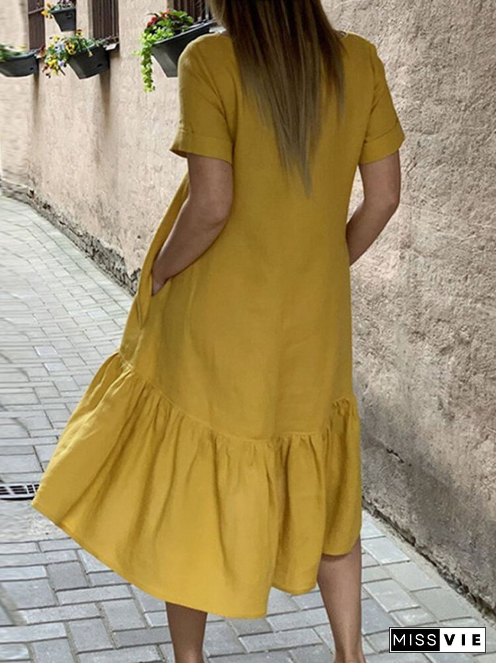 Solid Ruffle High-Low Hem Casual Cotton Midi Dress