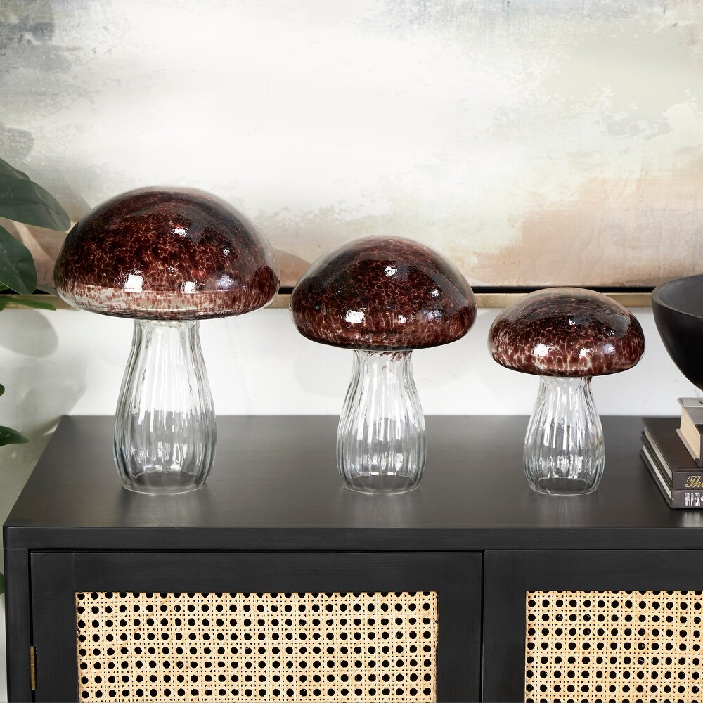 Red Glass Textured Mushroom Sculpture with Clear Stems (Set of 3)