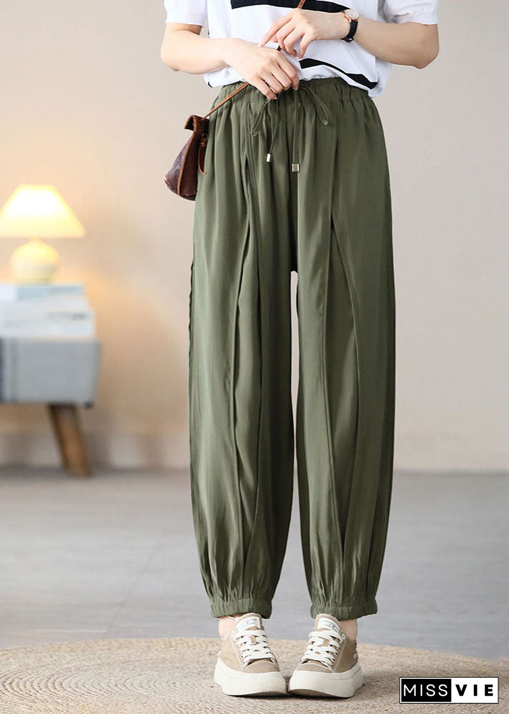 Army Green Solid Silk Crop Pants Elastic Waist Wrinkled Fall