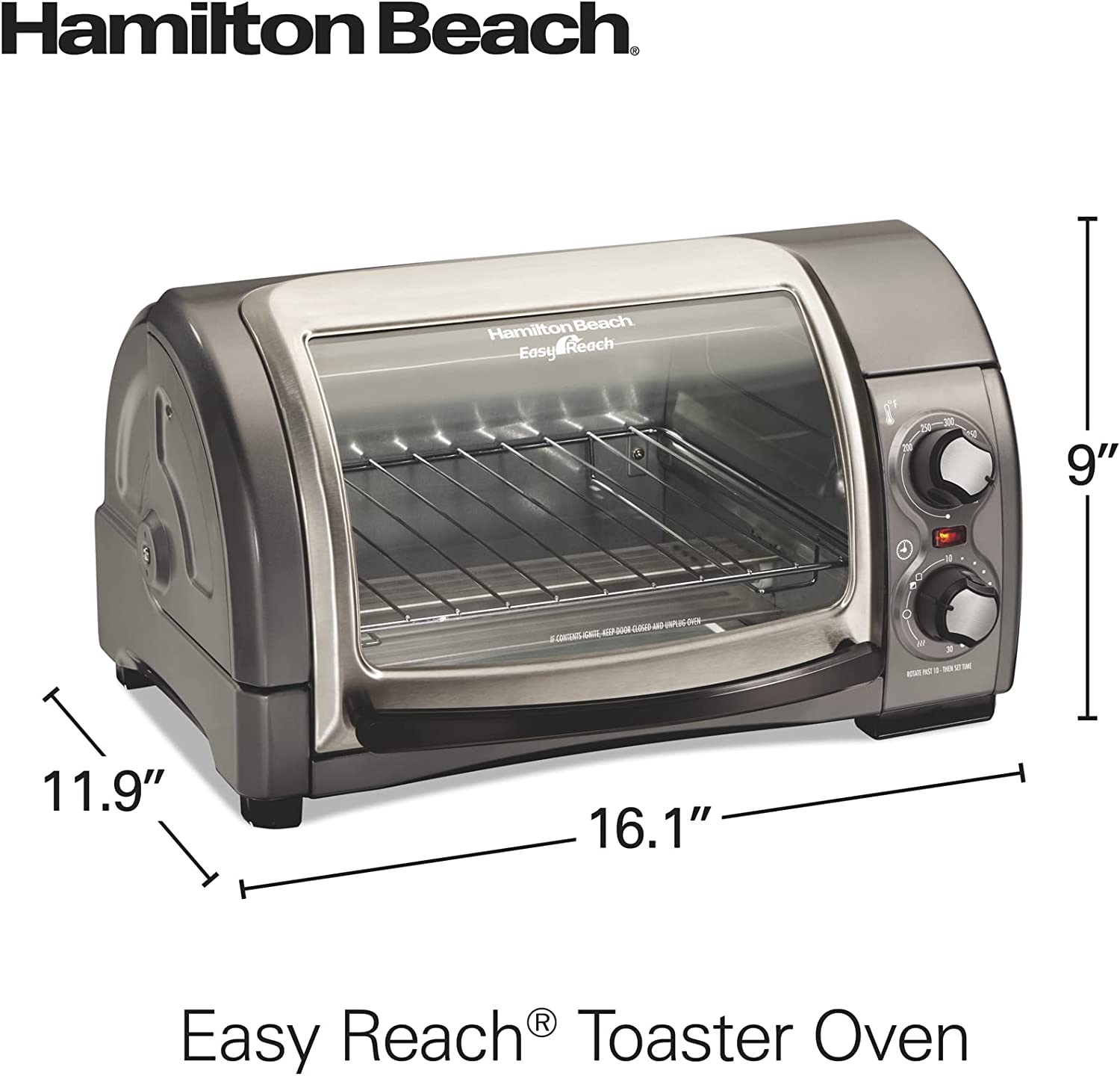 Hamilton Beach Easy Reach 4-Slice Countertop Toaster Oven With Roll-Top Door， 1200 Watts， Fits 9” Pizza， 3 Cooking Functions for Bake， Broil and Toast， Silver (31344DA)