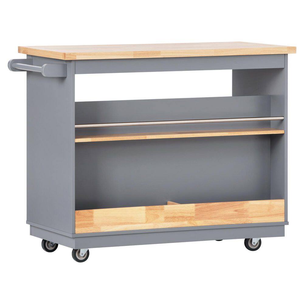 Runesay Gray Blue Rolling Mobile Kitchen Island Cart Solid Wood Top with 2-Drawer Tableware Cabinet and Spice Wine Towel Rack EC-KIGB-952