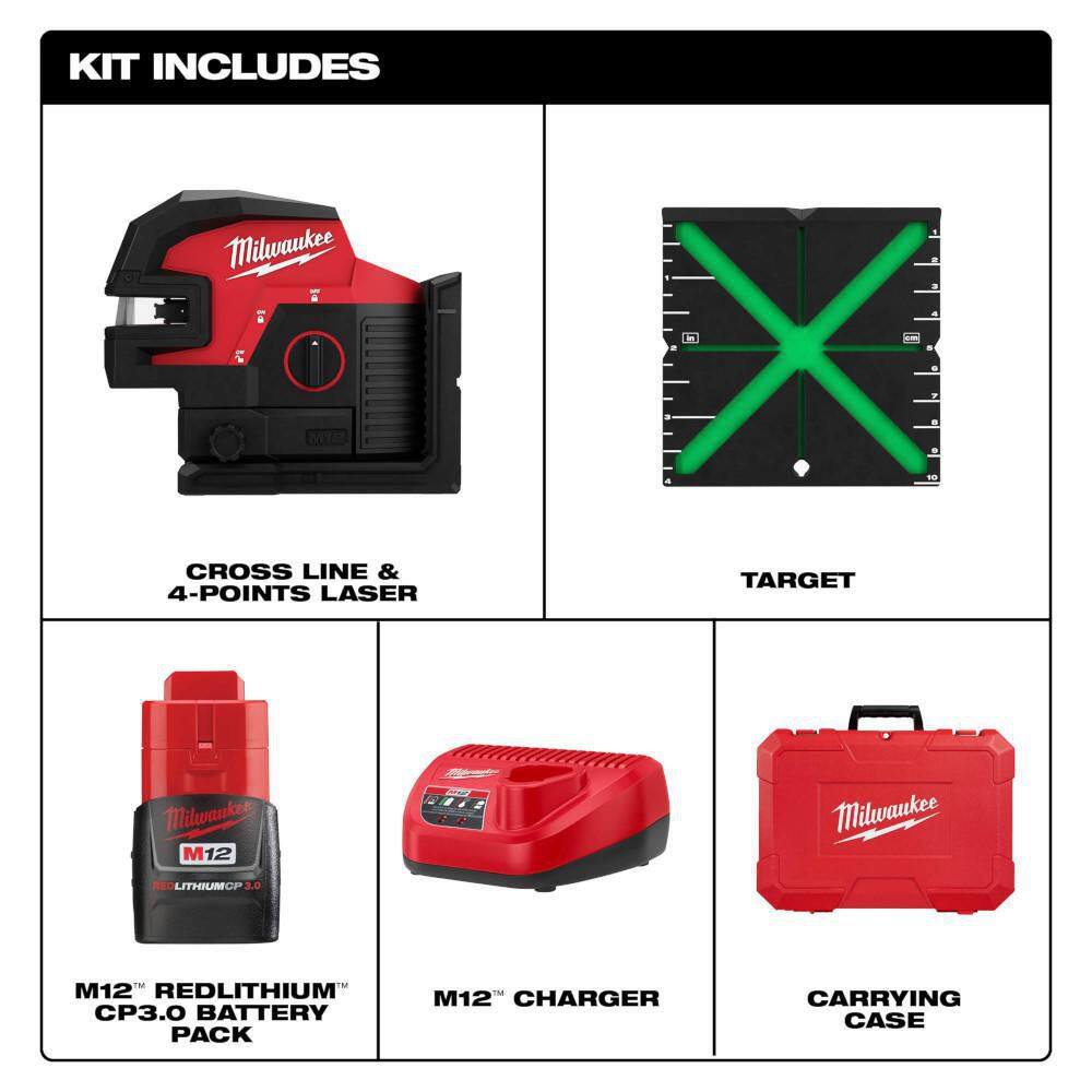 MW M12 12-Volt Lithium-Ion Cordless Green Cross Line and 4-Points Laser Kit 3624-21