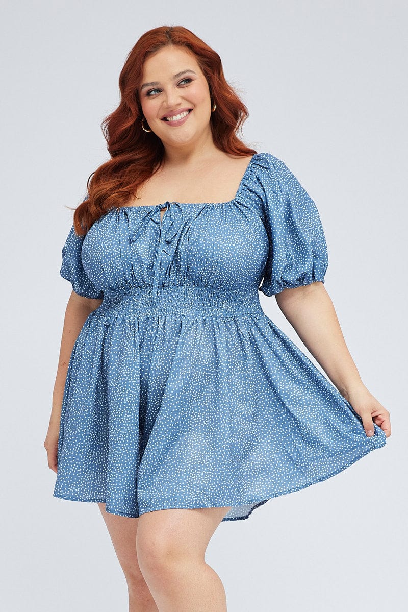 Polka Dot Playsuit Scoop Neck Puff Sleeve