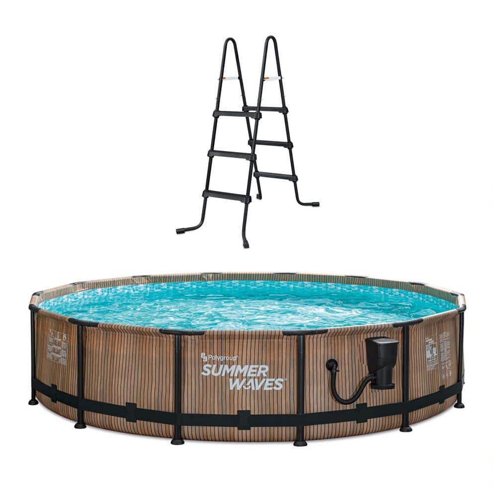 Summer Waves Natural Teak Elite 14 ft. x 36 in. Round Frame Above Ground Swimming Pool P4E01436E