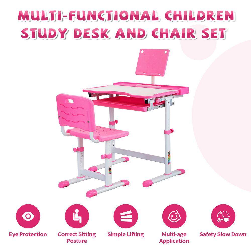 TOBBI Kids Desk and Chair Set Height Adjustable Children Study Workstation with Tilted Desktop Book Stand and Storage TH17S0763