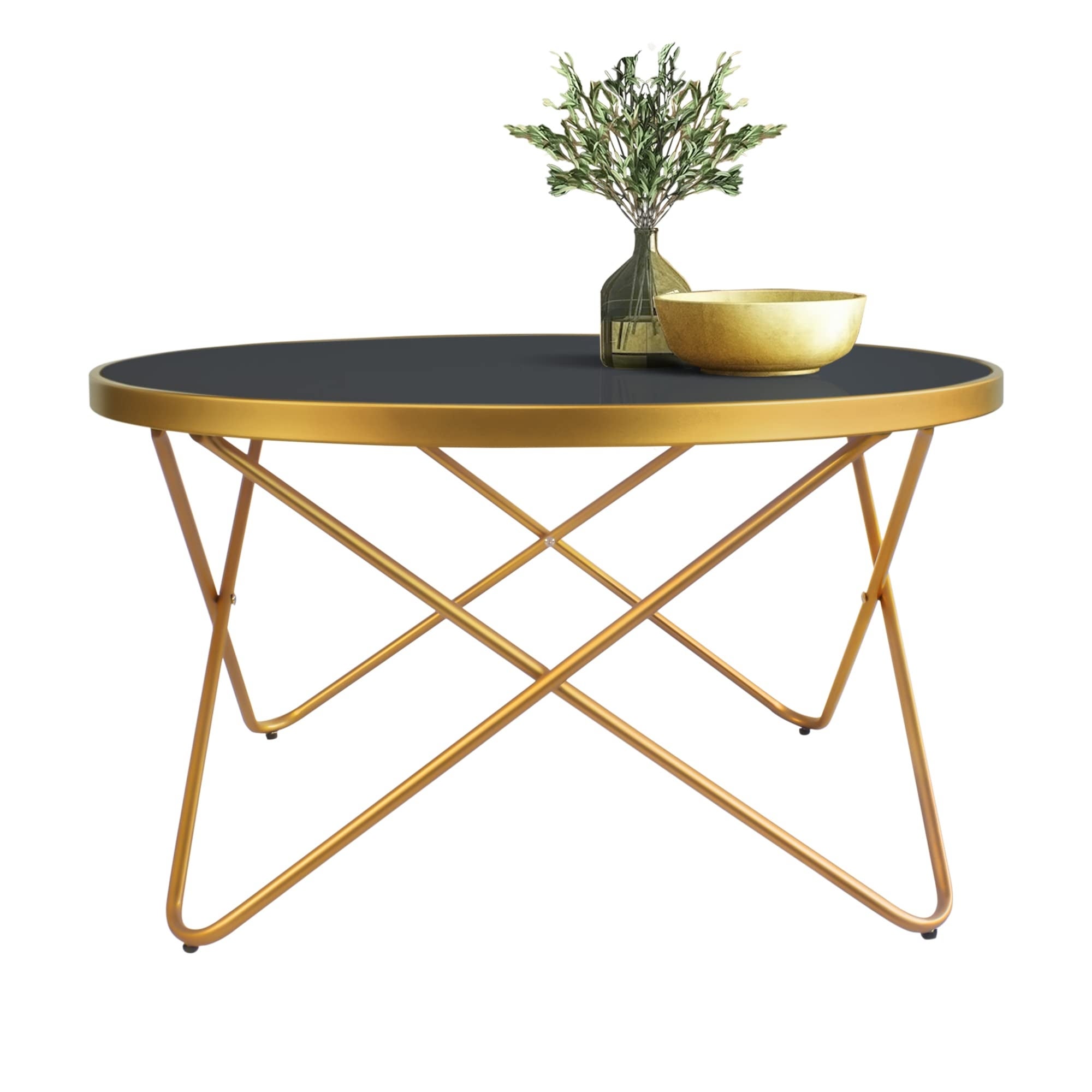 Mid Century Modern Round Gold Coffee Table with Black Glass and Metal Frame Central Table for Living Room Recepetion Room