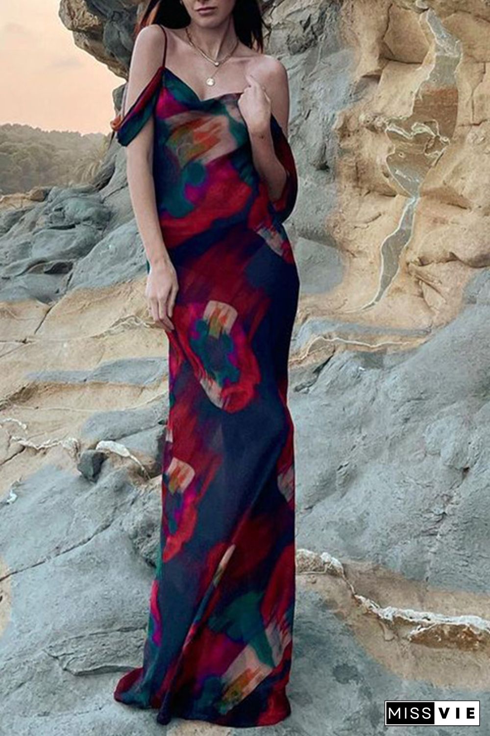 Fashion Print Patchwork Spaghetti Strap Trumpet Mermaid Dresses