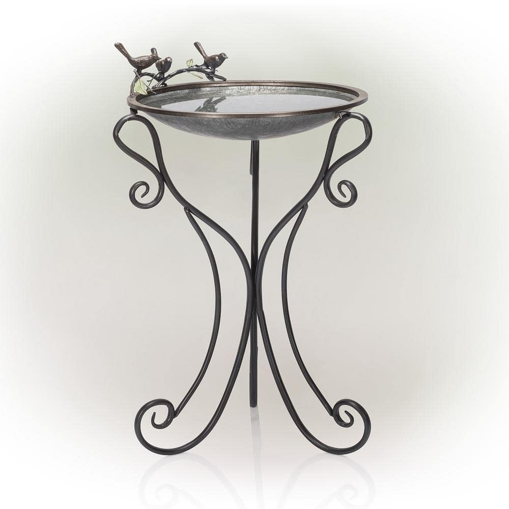 Alpine Corporation 36 in. Tall Outdoor Antique Style Galvanized Metal Birdbath Bowl with Bird Figurines ORS684