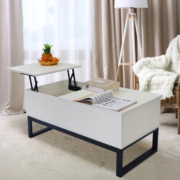 White Wood Lift Top Coffee Table with Hidden Storage Compartment