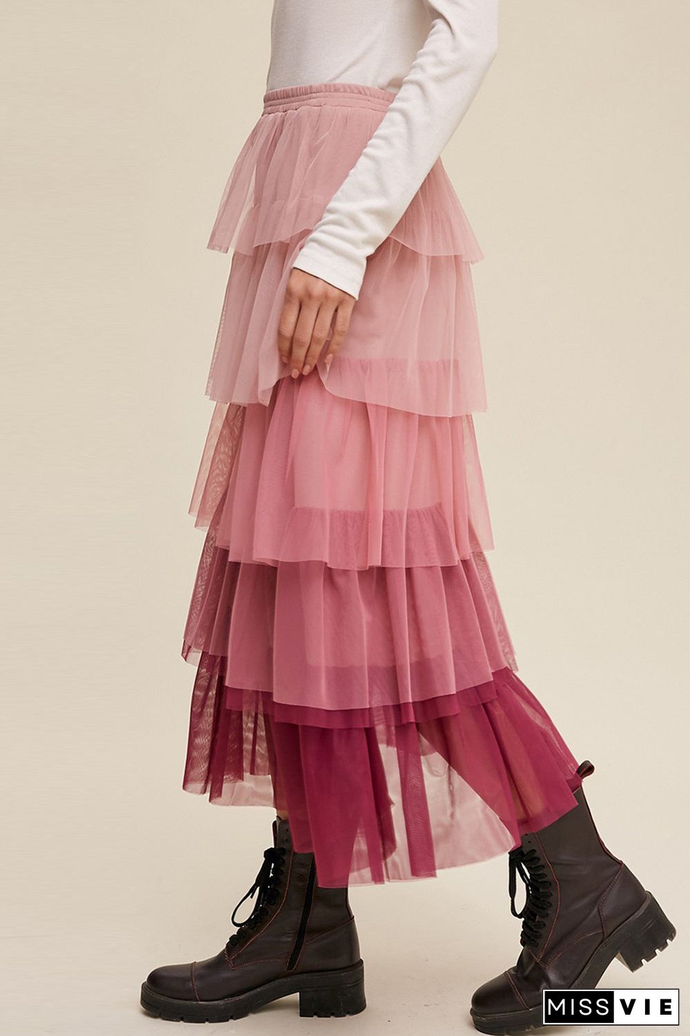 Pink Gradient Ruffle Tiered Mesh Maxi Skirt