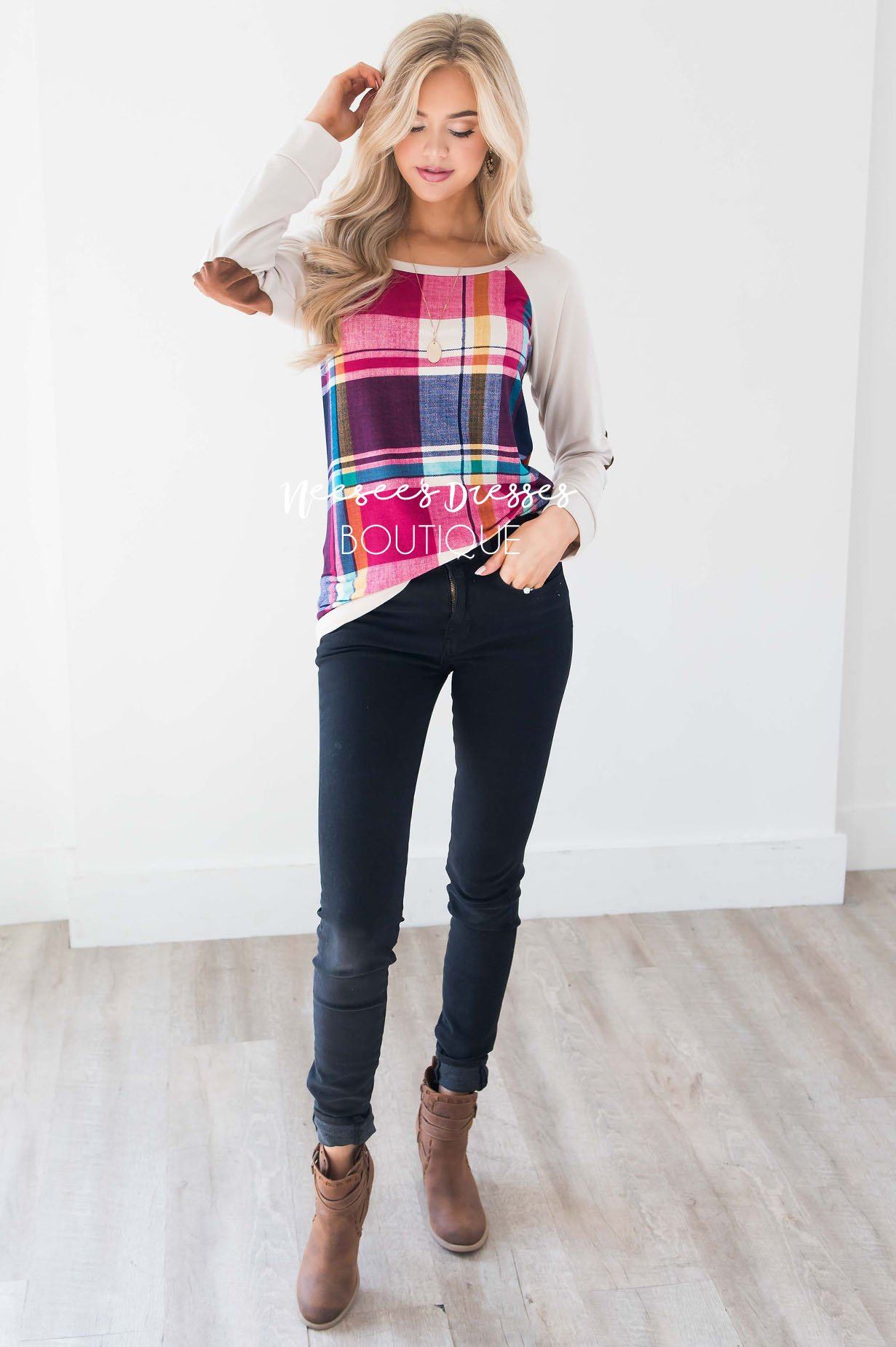 Fuchsia Plaid Elbow Patch Sweater