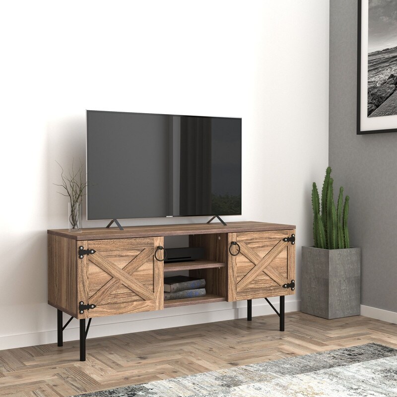 Walnut Media Console Cabinet Loft Wood 2 Cupboards Vintage TV Stand up to 80\