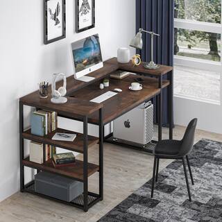 TRIBESIGNS WAY TO ORIGIN Heidi 63 in. Rectangular Black Metal Brown Particle Board Wood Computer Desk with Storage Shelves Monitor Printer Stand HD-F1352