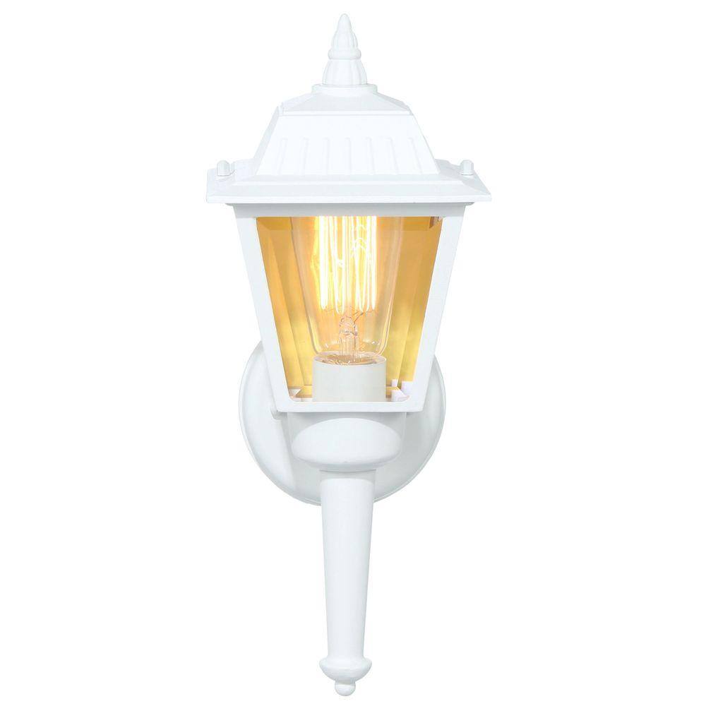 Hampton Bay 13.75 in. White 1-Light Outdoor Wall Lamp with Clear Beveled Glass Shade BPL1611-WHT