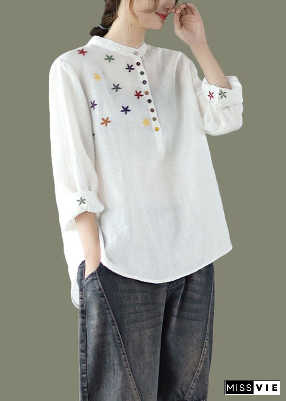 Women White Stand Collar Embroideried Linen Shirt Spring