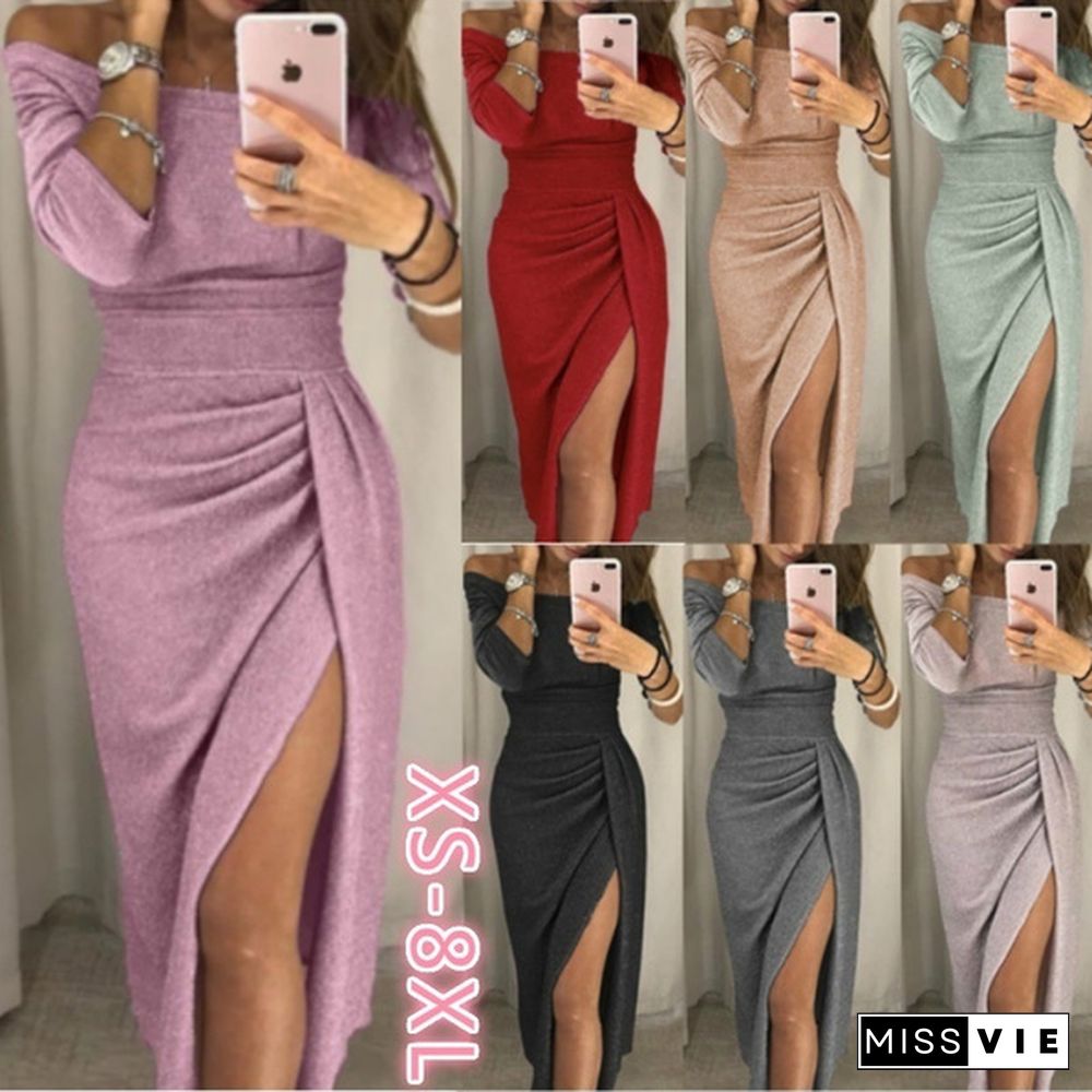 Women Off Shoulder Party Dresses High Slit Bodycon Dress Long Sleeve Fashion Prom Dress Skirt Plus Size Xs-8Xl