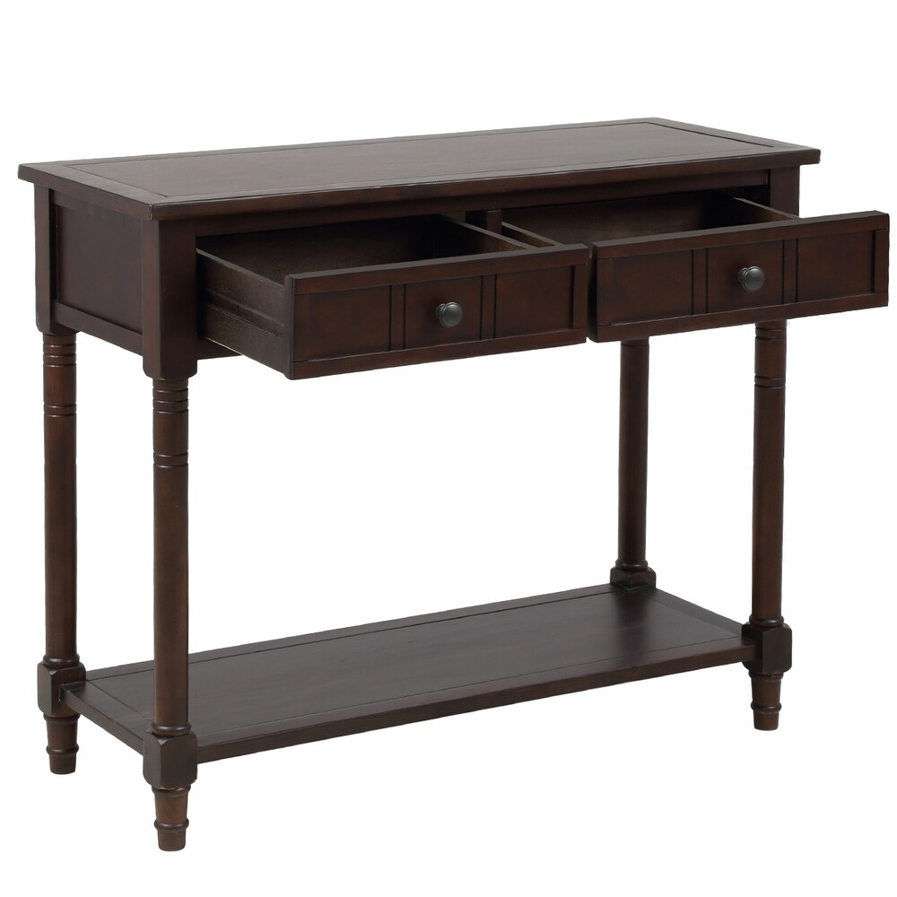 Espresso Wood 2 Drawers Console End Table with Bottom Shelf