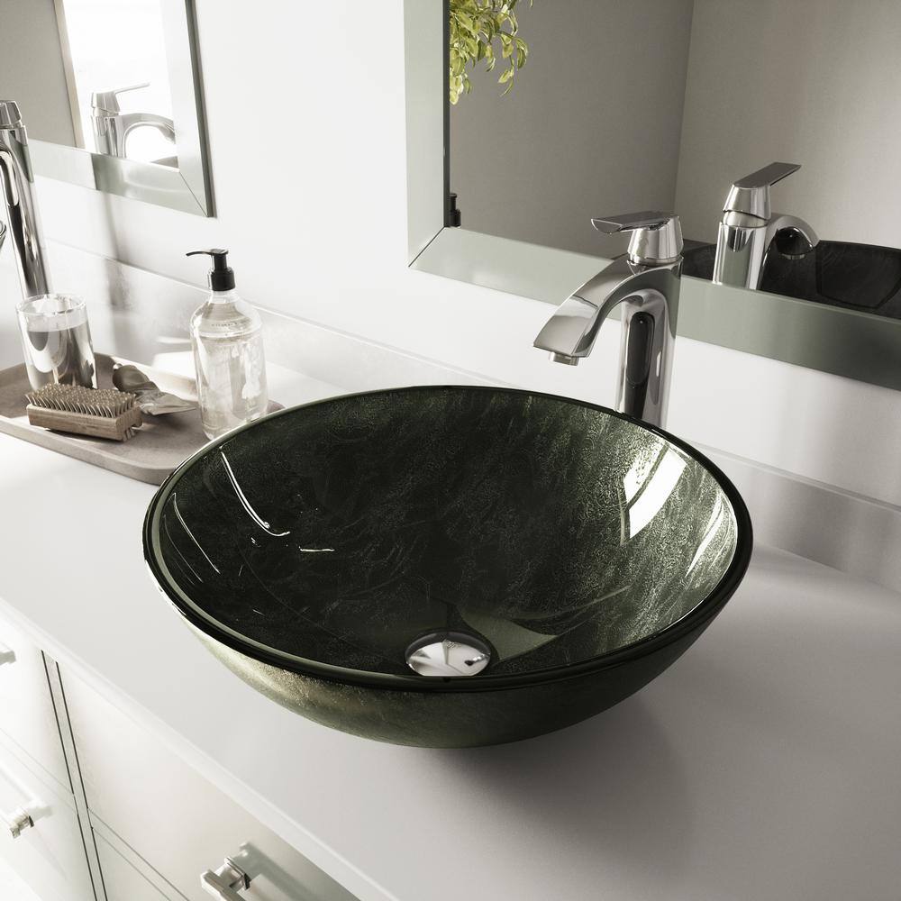 VIGO Glass Round Vessel Bathroom Sink in Onyx Gray with Linus Faucet and Pop-Up Drain in Chrome VGT830