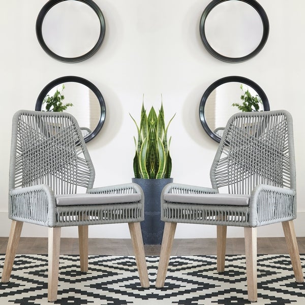 Exotic Hand Crafted Design Grey Woven Rope and Mango Wood Chairs (Set of 2)