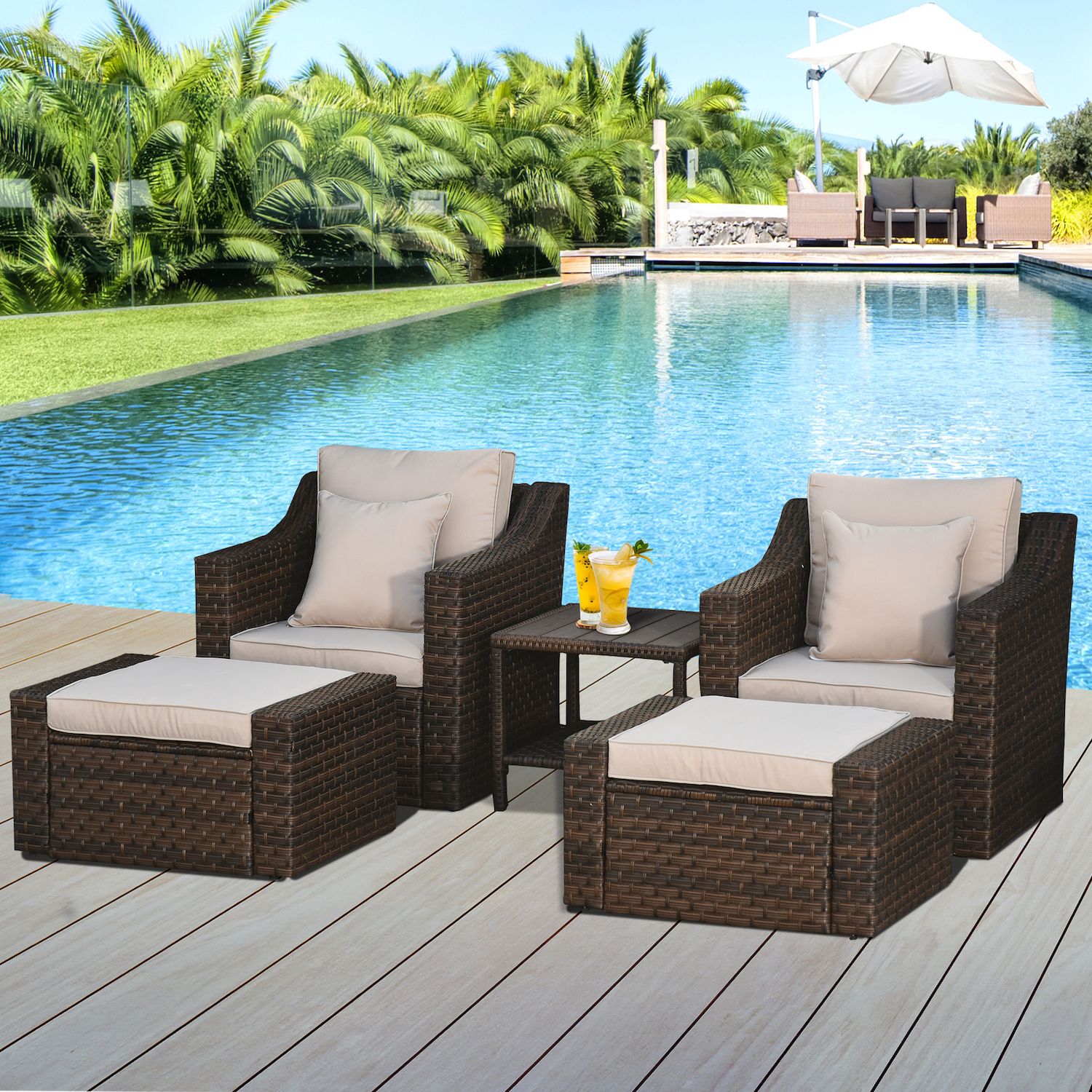 Outsunny 5 Piece PE Rattan Outdoor Patio Armchair Set with 2 Chairs 2 Ottomans Coffee Table Conversation Set and Durable Build Beige