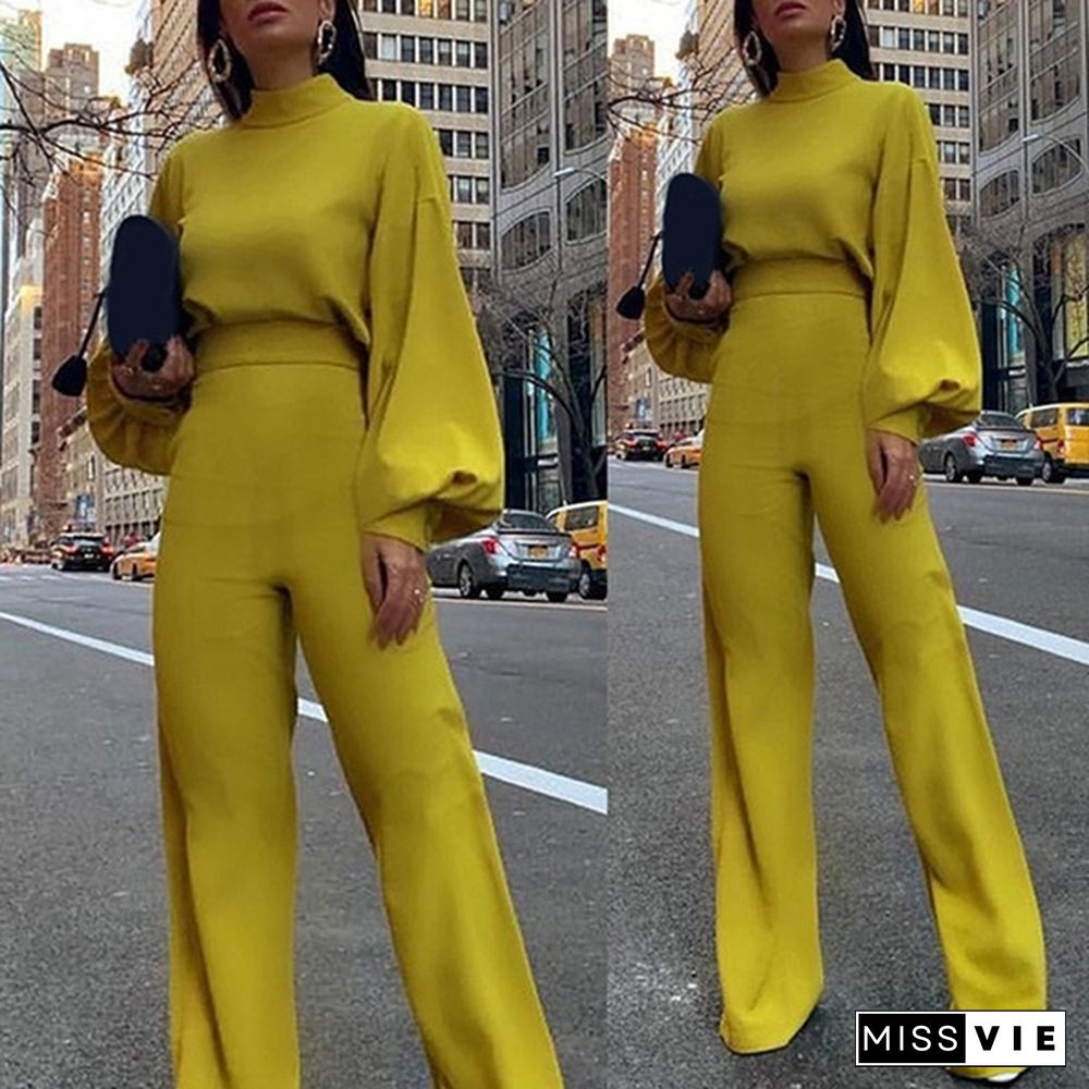 Women Fashion Long Sleeve High Waist Solid Color Jumpsuits