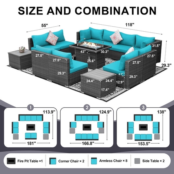 Nicesoul Outdoor Grey Wicker Sectional Furniture Patio Sofa Set with Firepit Table