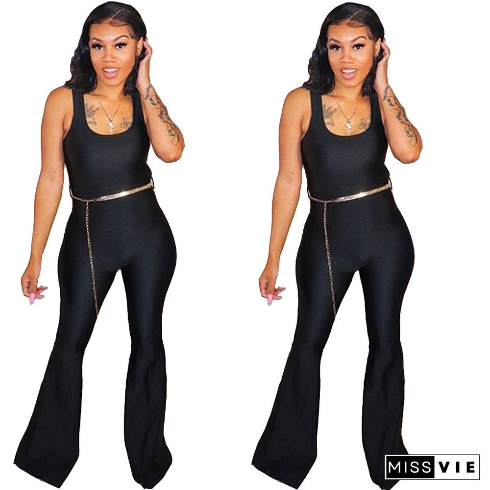 Solid Color Sleeveless O-Neck High Waist Flare Jumpsuits