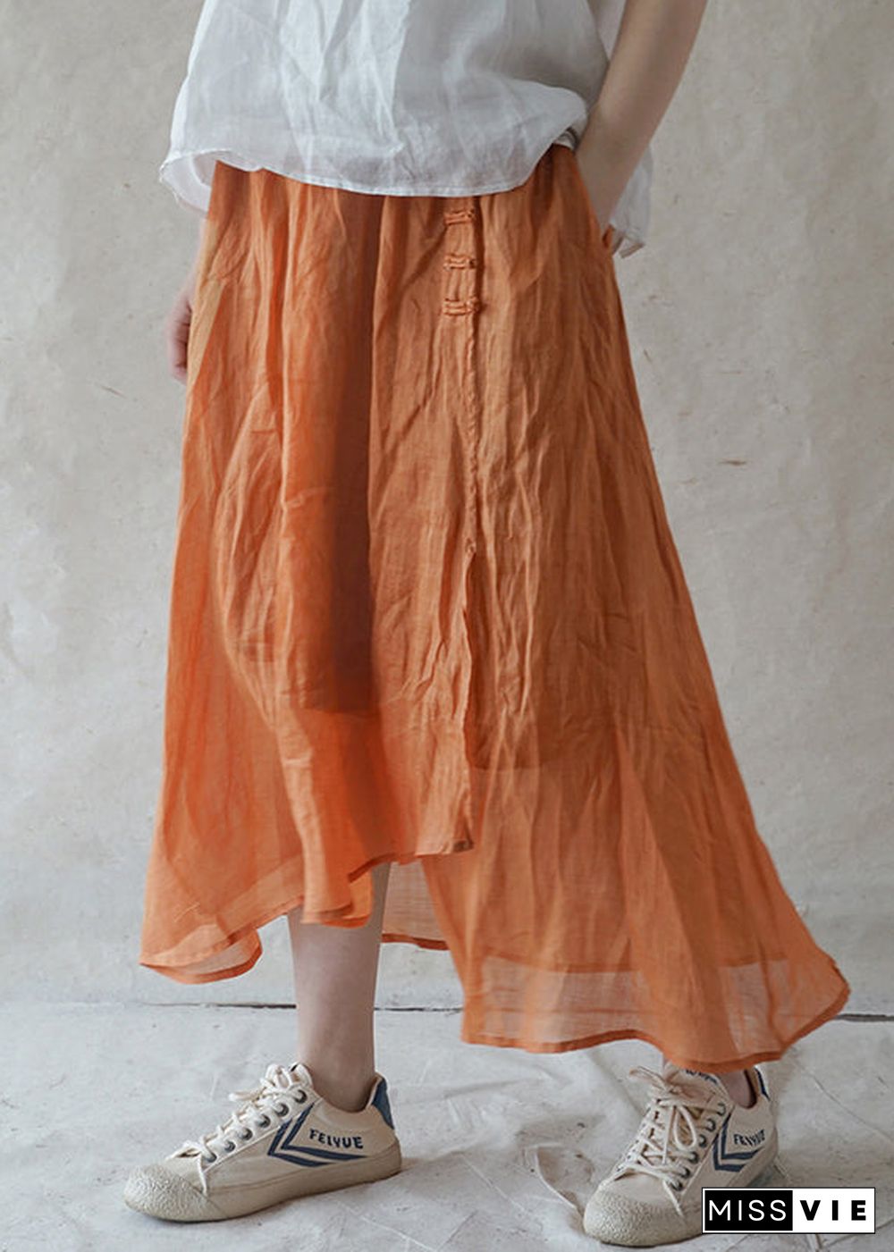 Style Orange elastic waist button Asymmetrical Linen Skirts Spring