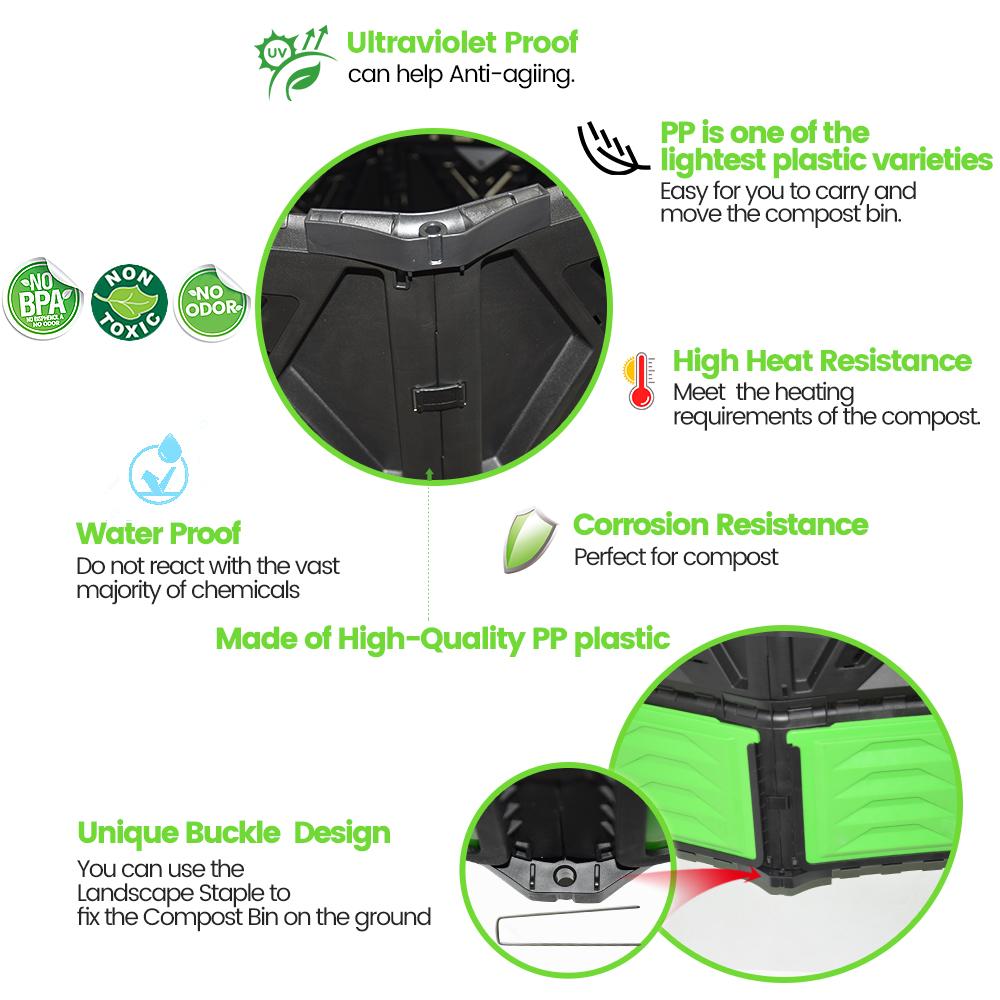 XXL Large Compost Bin Outdoor- 190G/143G-Easy Assembly-No Screws-BPA Free-Sturdy& Durable-Green Door