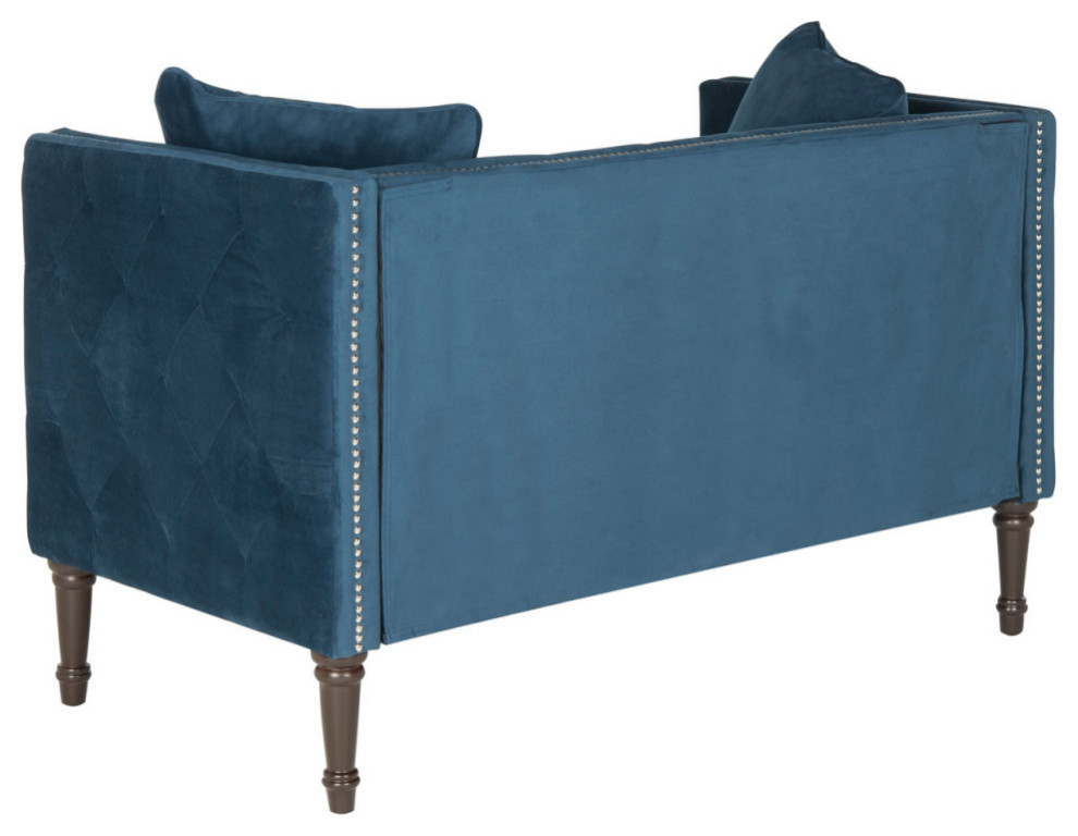 Raya Tufted Settee With Pillows Navy/Espresso   Traditional   Loveseats   by Rustic Home Furniture Deco  Houzz