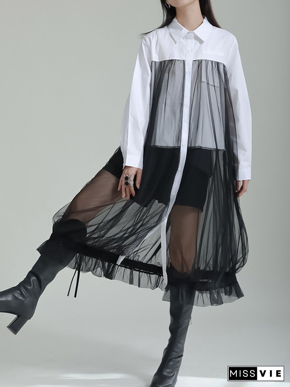 Long Sleeves Gauze See-Through Split-Joint Lapel Midi Dresses Shirt Dress