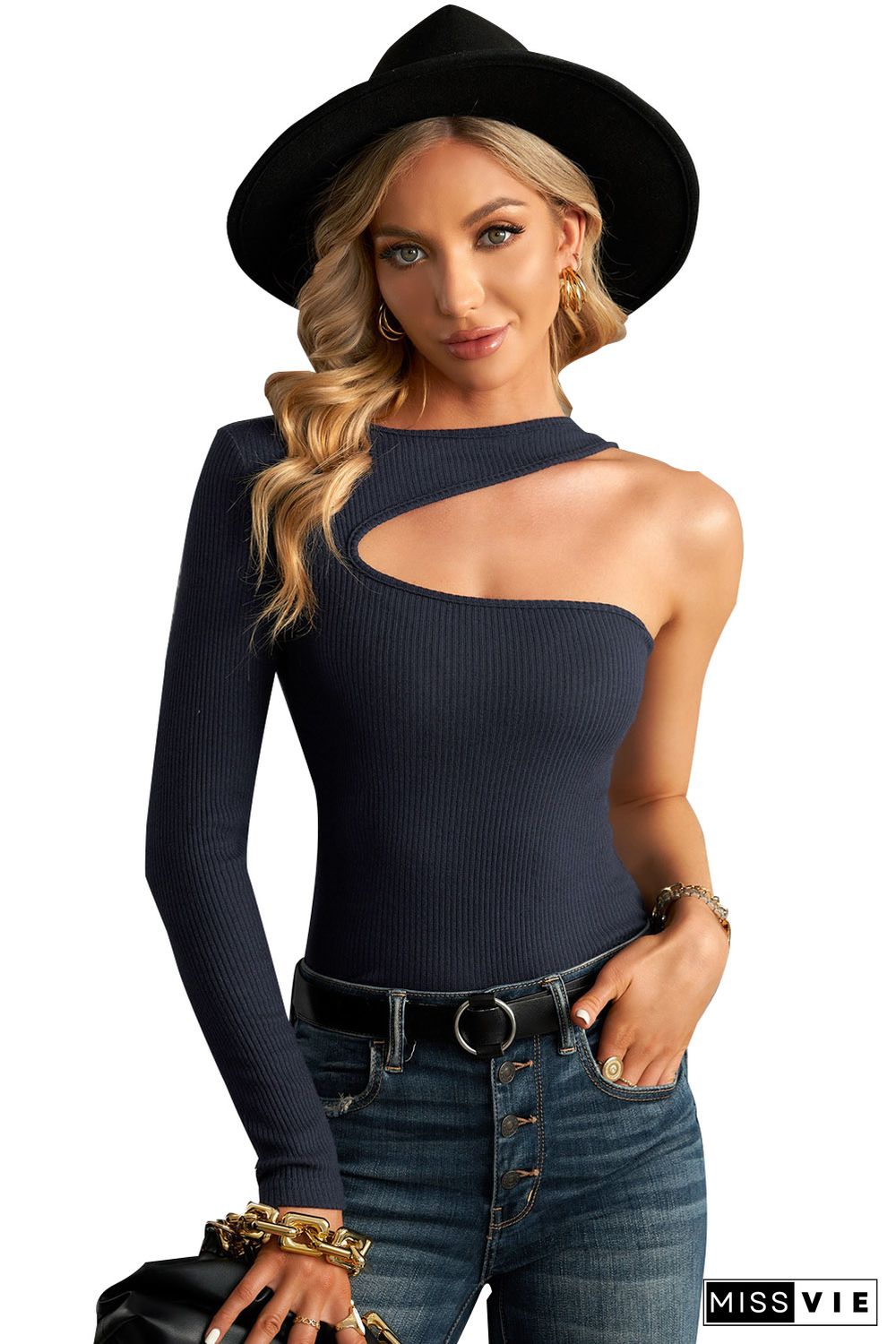 Cut-out One Shoulder Slim-fit Ribbed Top