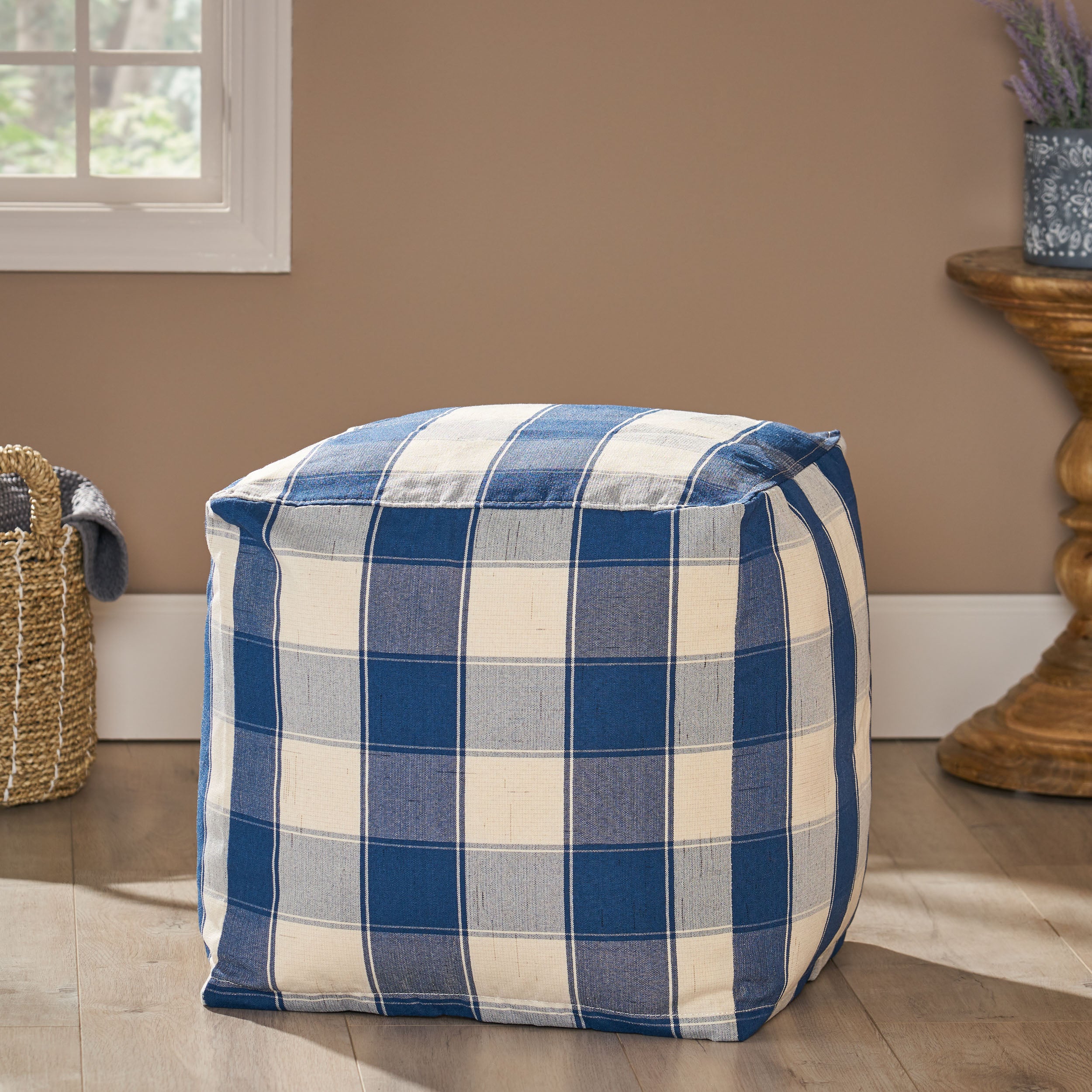 Prestage Modern Fabric Checkered Cube Pouf