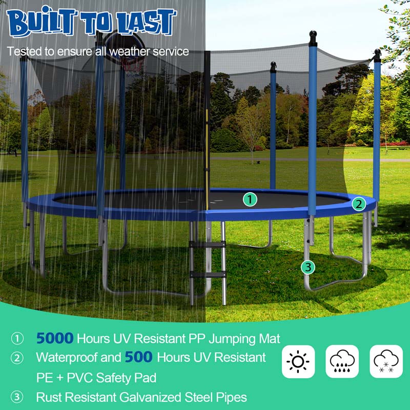 12/14/15/16 FT ASTM Approved Outdoor Recreational Trampoline with Basketball Hoop & Internal Enclosure Net