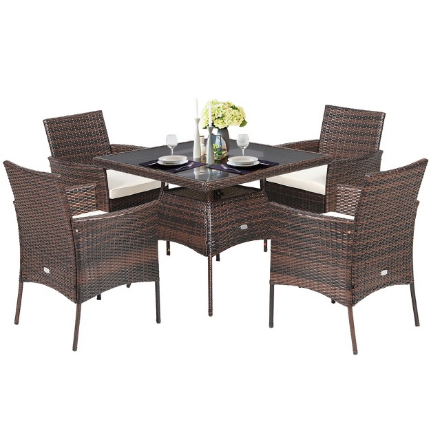 Tangkula 5 Pcs Outdoor Rattan Dining Set Patio Wicker Conversation Set W cushioned Chair amp Glass Table