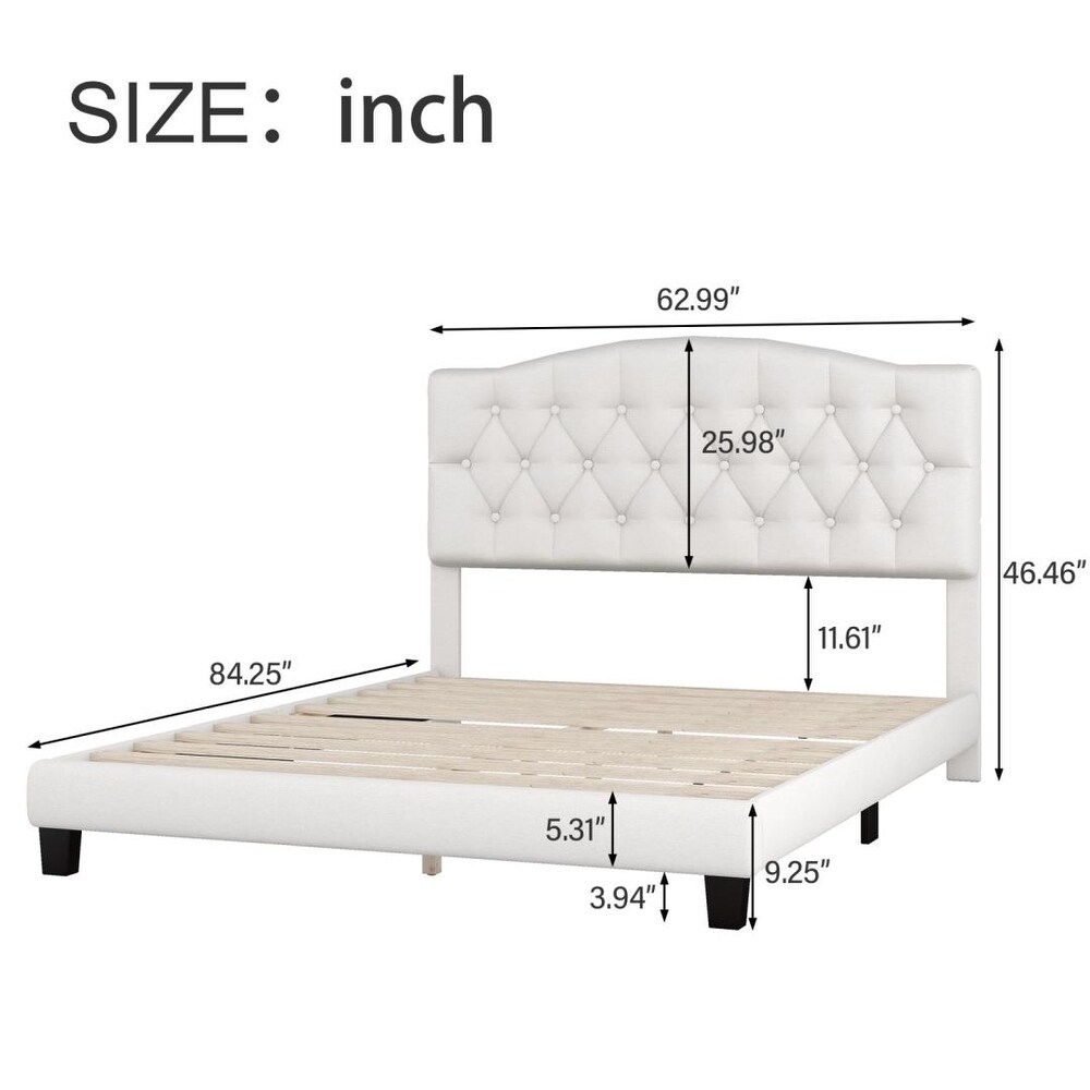 Modern Platform Bed Frame Wood Slat Diamond Tufted Headboard Sturdy