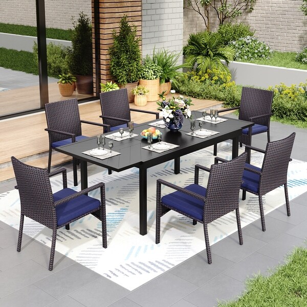 7/9piece Patio Dining Set，Expendable Rectangular Outdoor Dining Table with Rattan Chairs