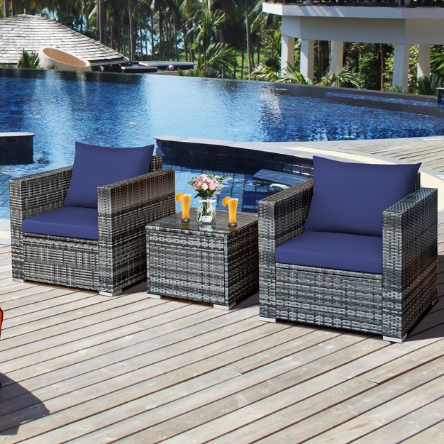 Tangkula 3 piece Patio Wicker Conversation Set Bistro Rattan Sofa Chair With Washable Cushion