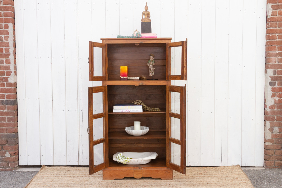 Tall Golden Teak Glass Cabinet   Farmhouse   Accent Chests And Cabinets   by De cor  Houzz