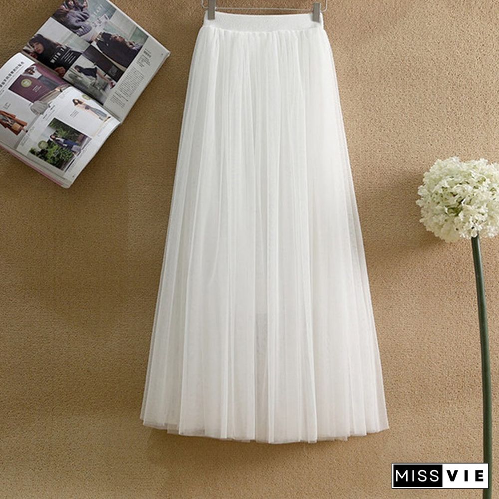 Tulle Skirts Women Summer Elastic High Waist Long Mesh Skirt Womens Tutu Maxi Pleated Skirt