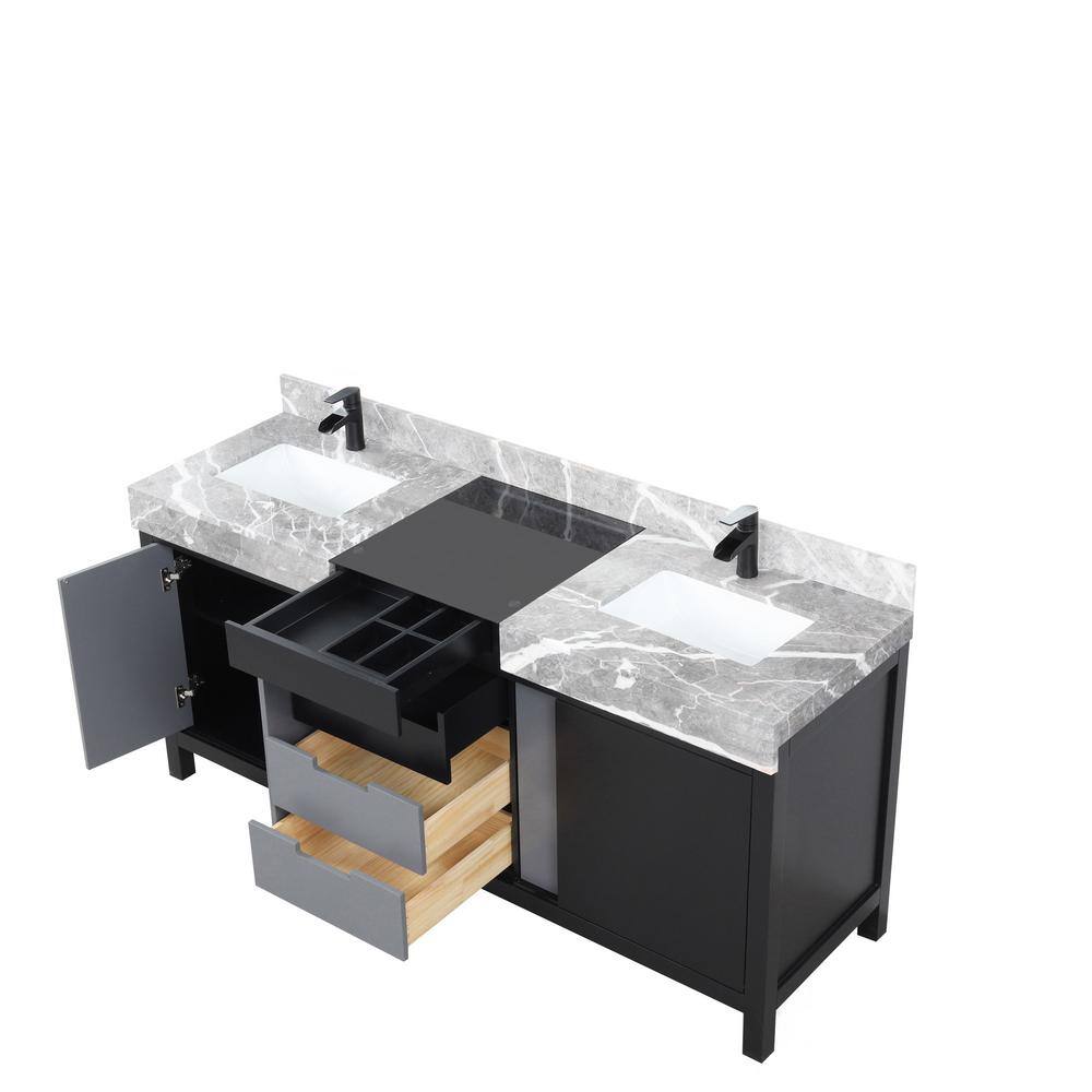 Lexora Zilara 72 in W x 22 in D Black and Grey Double Bath Vanity Castle Grey Marble Top and Matte Black Faucet Set LZ342272DLISFCM