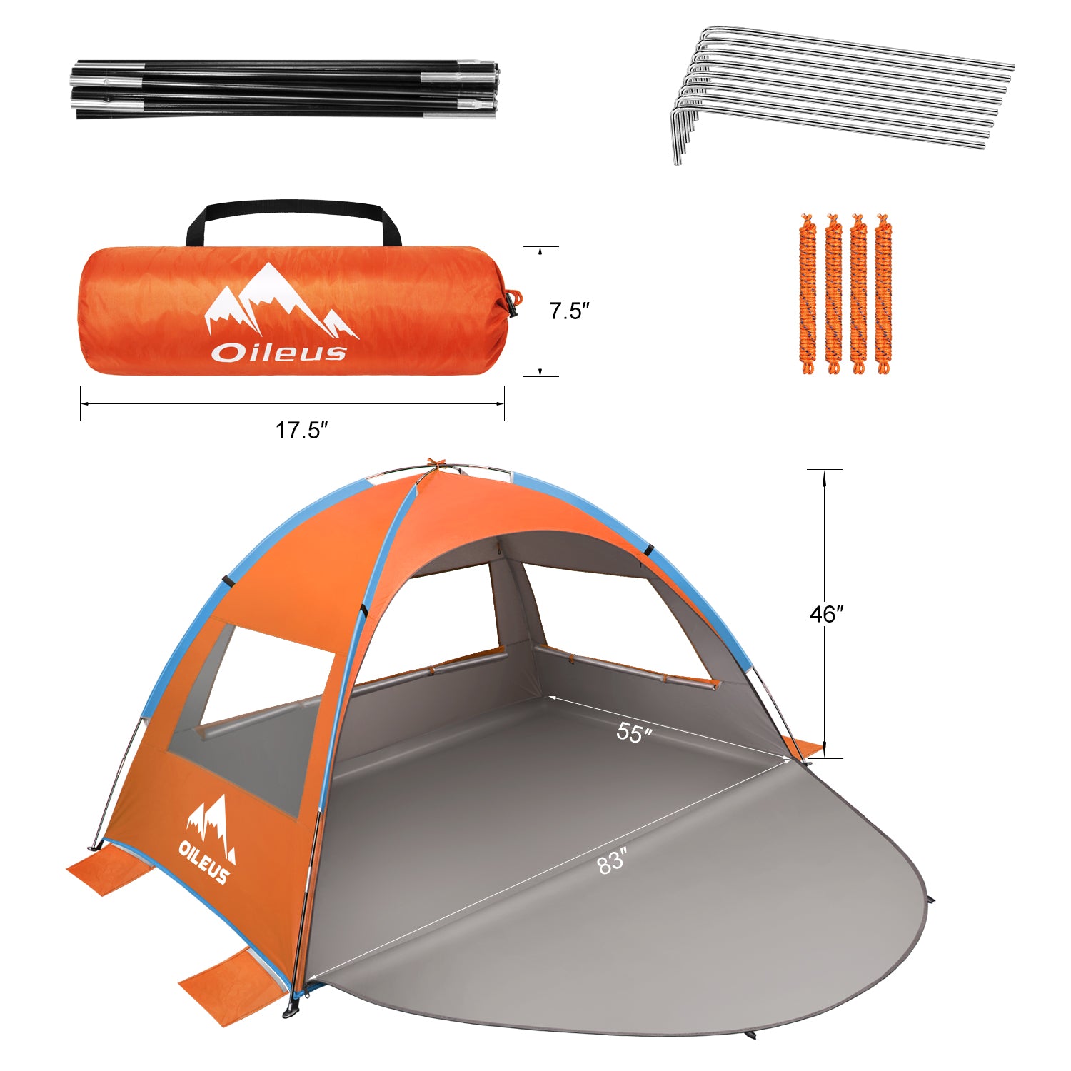 Oileus Beach Tent Pop Up Tents Sun Shade Shelter for 2-3 Person With UV Protection， Extended Floor， Mesh Roll Up Windows， Carrying Bag， Stakes， 6 Sand Pockets， Lightweight and Easy Set Up， Orange