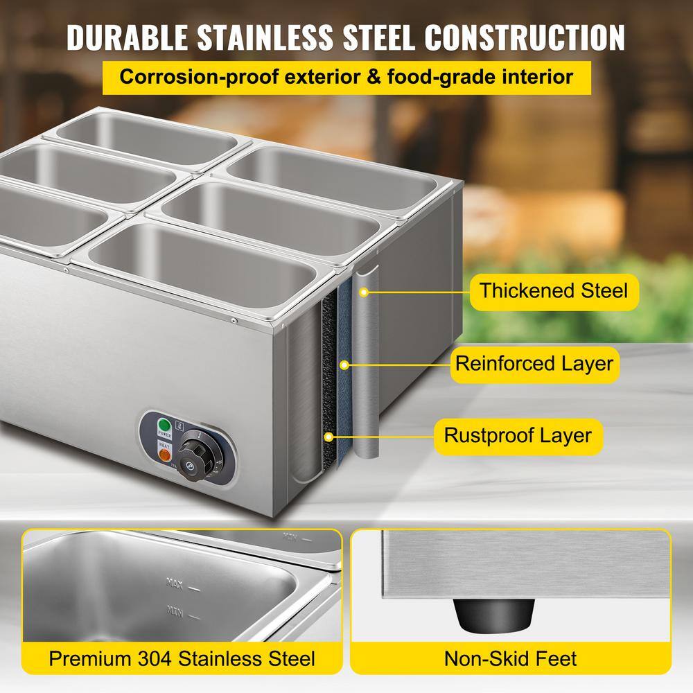 VEVOR 6-Pan Commercial Food Warmer 1200-Watt Electric Steam Table 6 in. Deep Stainless Steel Buffet Bain Marie 32 Qt. BWTCDTC6C00000001V1