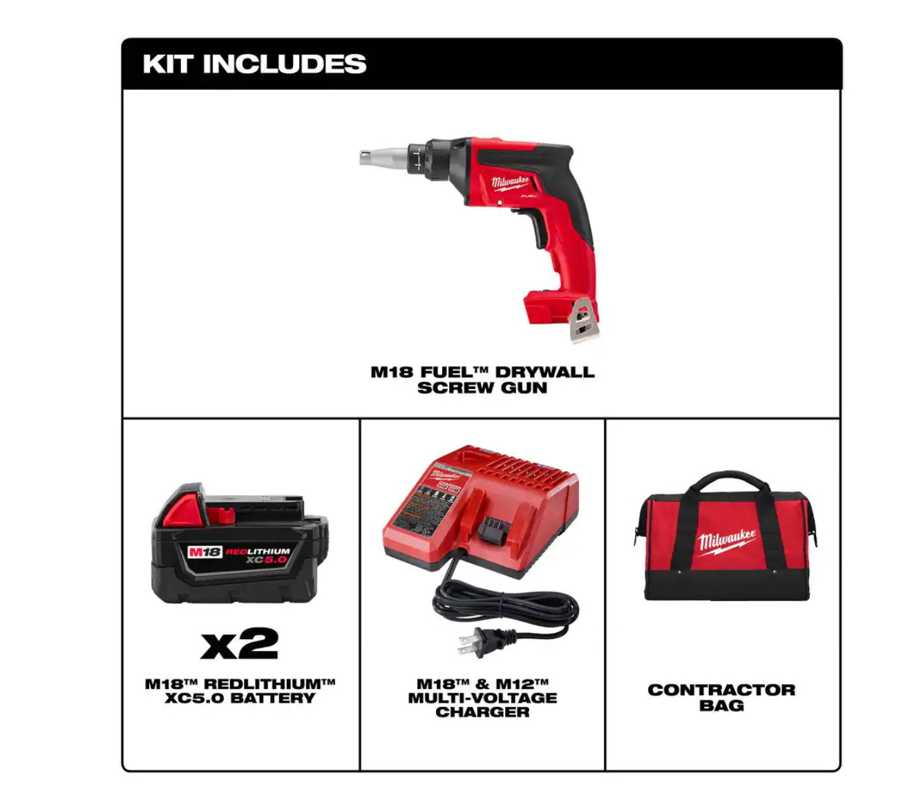 Milwaukee 2866-22 M18 FUEL 18V Lithium-Ion Brushless Cordless Drywall Screw Gun Kit with (2) 5.0Ah Batteries， Charger and Tool Bag