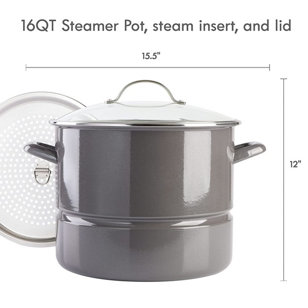 Kenmore 16 Quart Enamel On Steel Stock Pot With Steamer And Lid In Graphite Grey