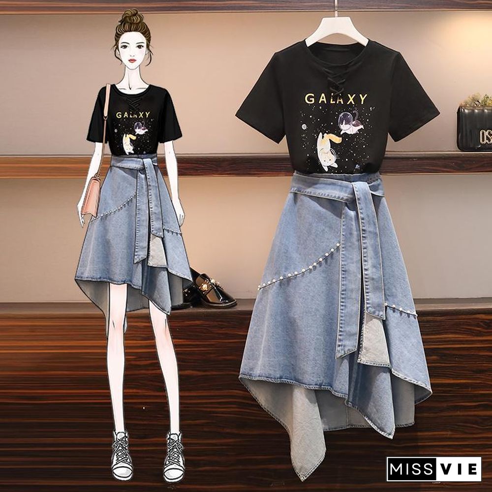 Cute Kitten T-shirt+Chic Denim Skirt P11157