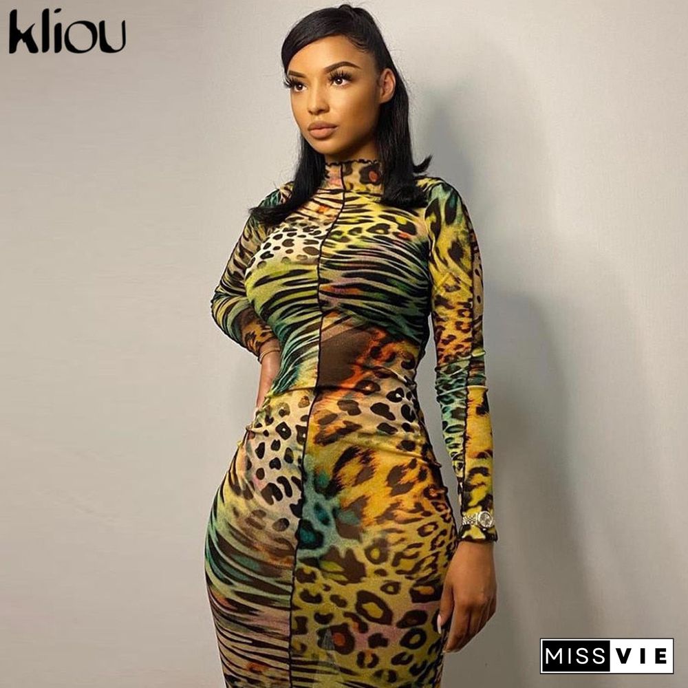 Kliou Mesh Farbic Leopard Pattern Print Maxi Dresses For Women Sexy See Through Ruffle Skinny Attractive Clubwear Party Clothing