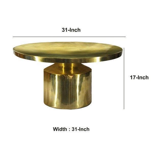 Zoe 30 Inch Modern Classic Round Metal Coffee Table with Pedestal Base， Glossy Gold Brass